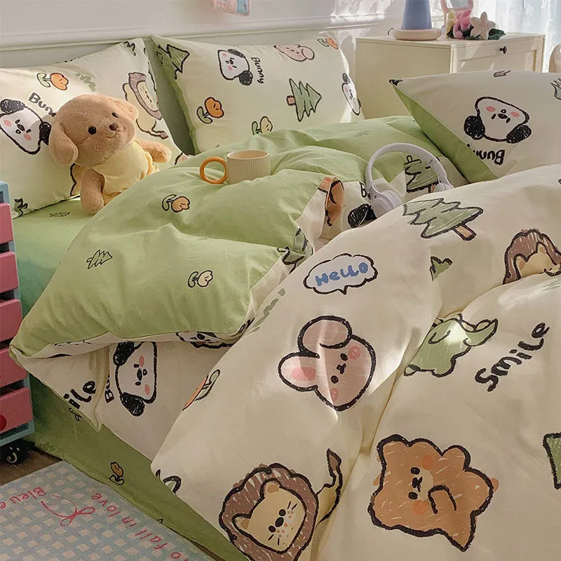 Cartoon dog pattern pure cotton four-piece bedding set shown on a bed, includes multiple size options.
