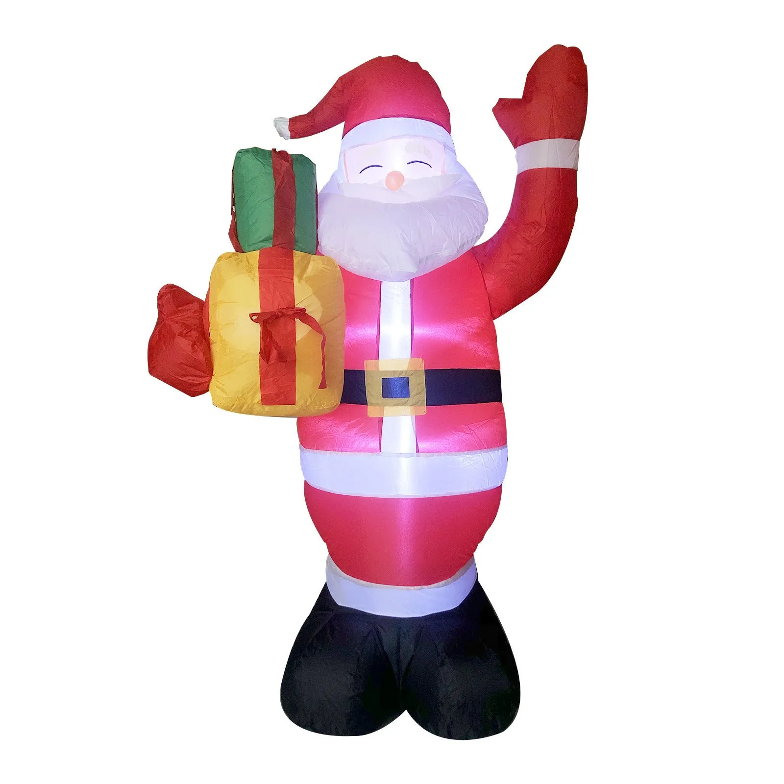 Glowing LED inflatable Christmas decorations including Santa, snowman, and a Christmas tree for outdoor garden use.