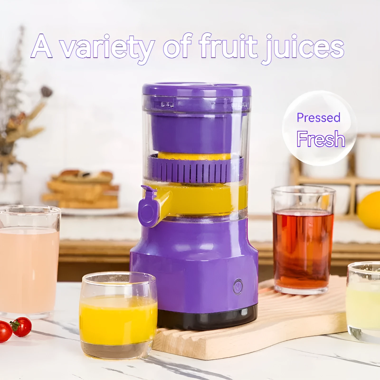 Purple USB rechargeable electric citrus juicer with detachable cone and 400 ml container.