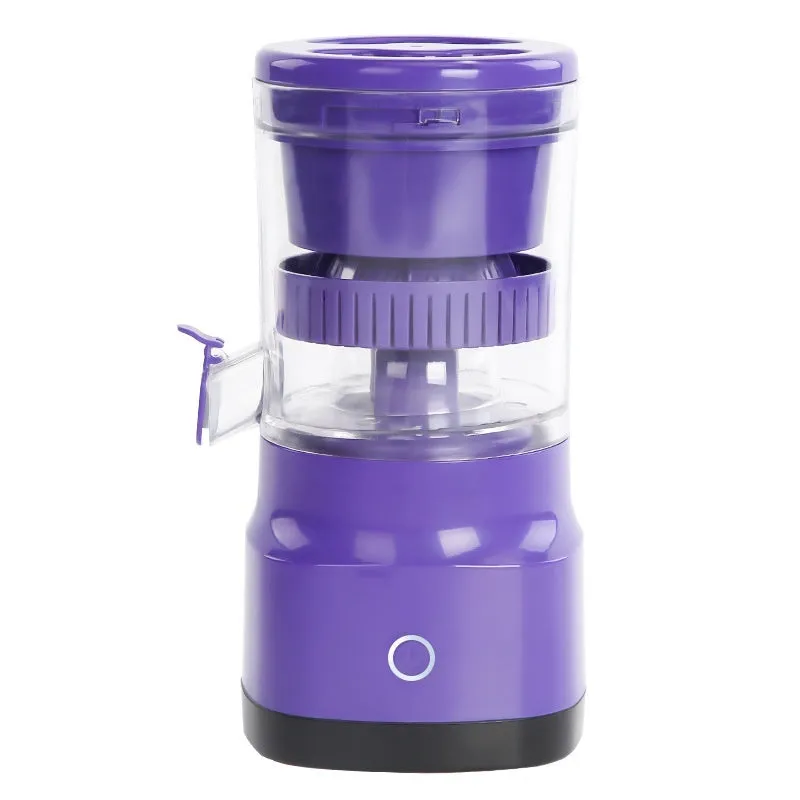 Purple USB rechargeable electric citrus juicer with detachable cone and 400 ml container.