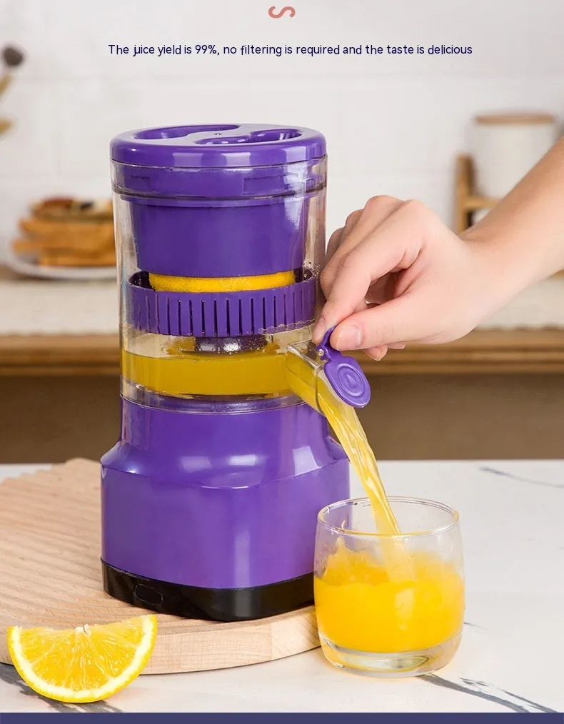 Purple USB rechargeable electric citrus juicer with detachable cone and 400 ml container.