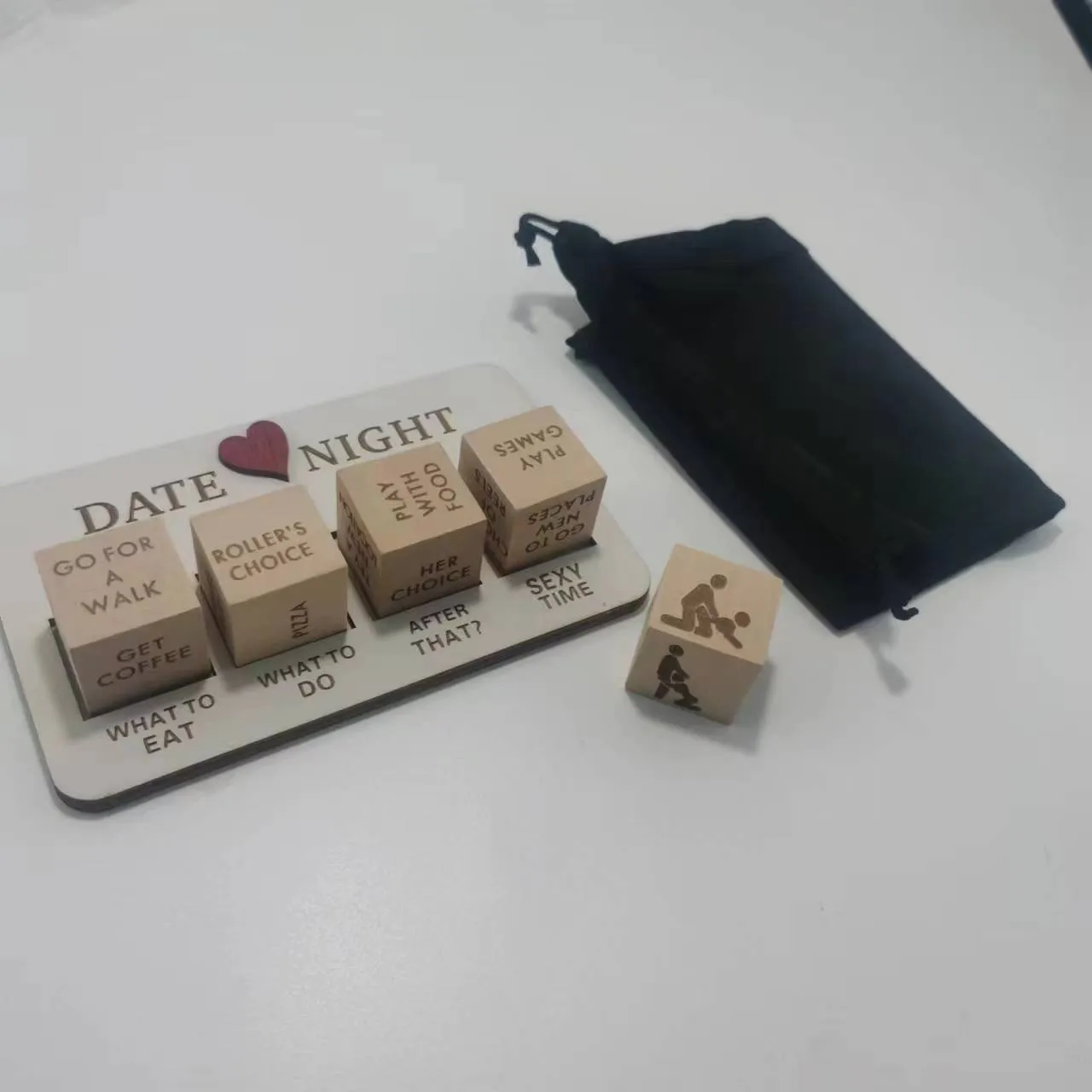 Wooden date night dice set with five dice, planner board and black storage bag for couples