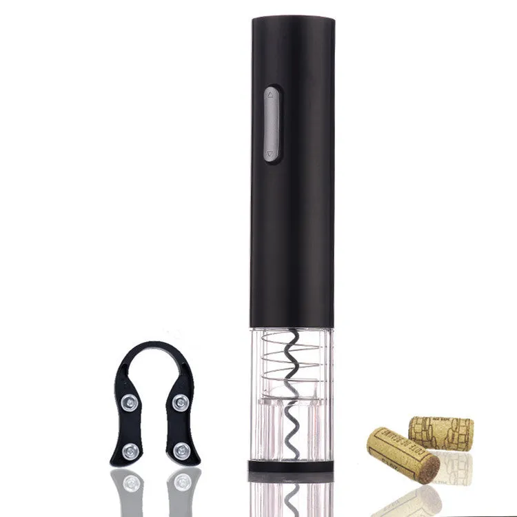 Black electric wine bottle opener with foil cutter showing automatic corkscrew mechanism