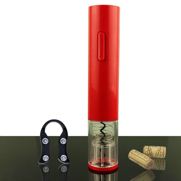 Black electric wine bottle opener with foil cutter showing automatic corkscrew mechanism