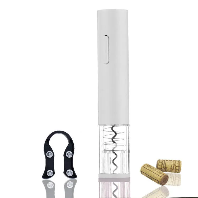 Black electric wine bottle opener with foil cutter showing automatic corkscrew mechanism