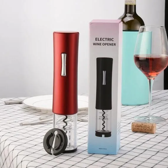 Black electric wine bottle opener with foil cutter showing automatic corkscrew mechanism