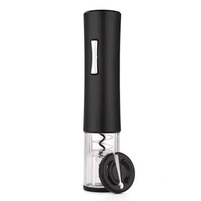 Black electric wine bottle opener with foil cutter showing automatic corkscrew mechanism