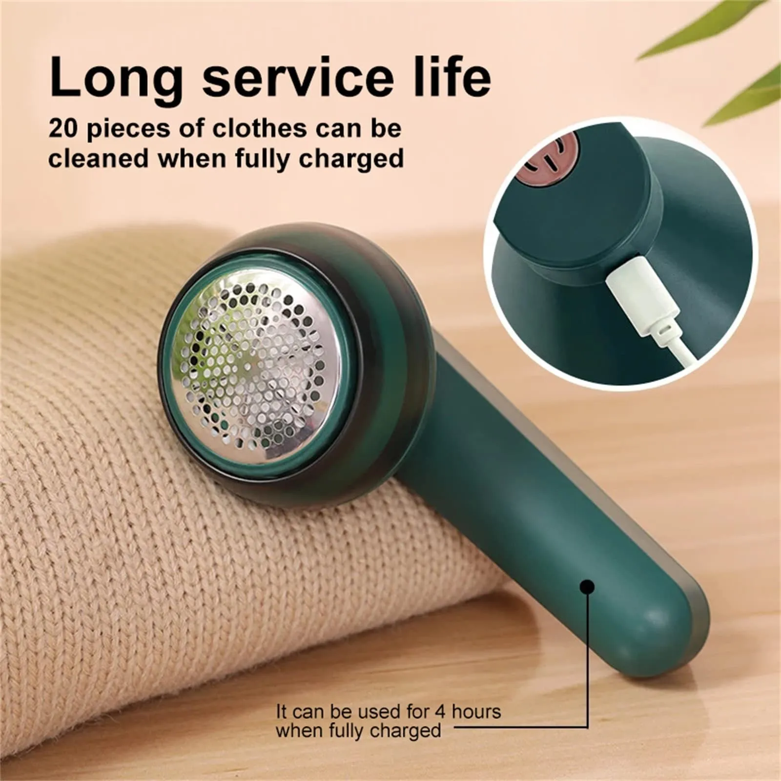 Green and white USB rechargeable electric lint remover with removable lint collector container.