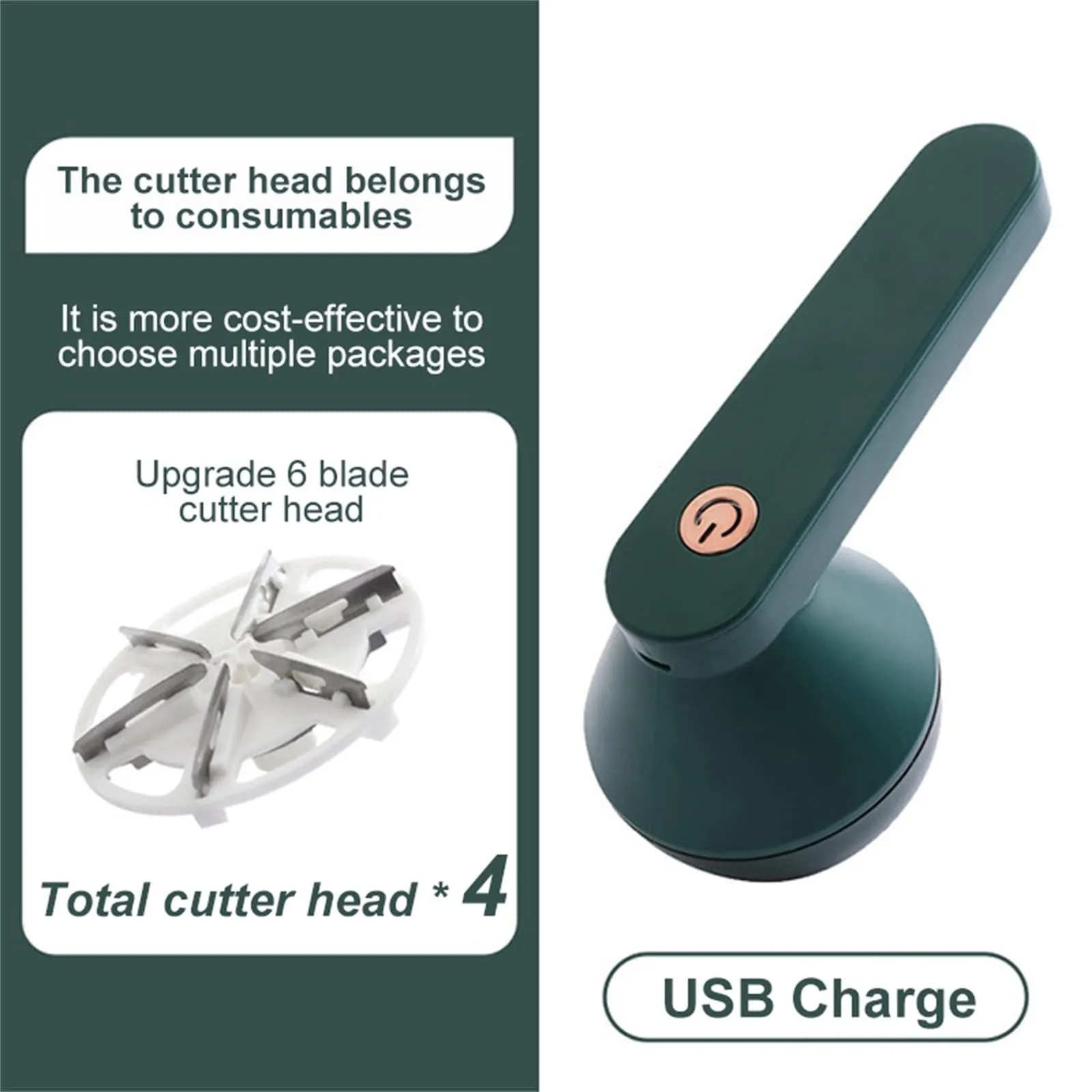 Green and white USB rechargeable electric lint remover with removable lint collector container.