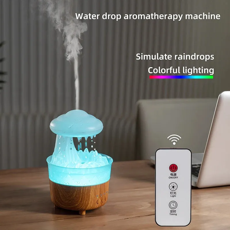 Wood grain white rain cloud shaped humidifier, diffuser, and night light on a table.