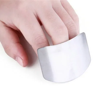 Stainless steel finger guard for kitchen safety shown in single and double finger sizes.