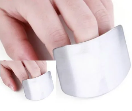 Stainless steel finger guard for kitchen safety shown in single and double finger sizes.