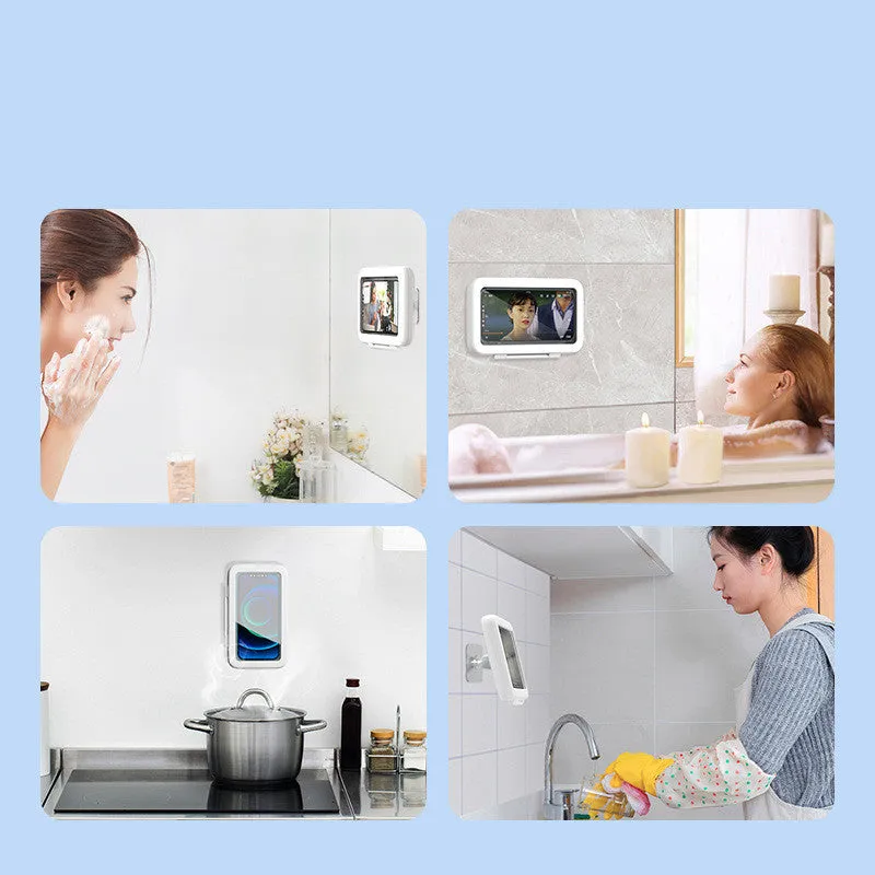 Waterproof phone holder with anti-fog window mounted on bathroom tile with mobile phone inside