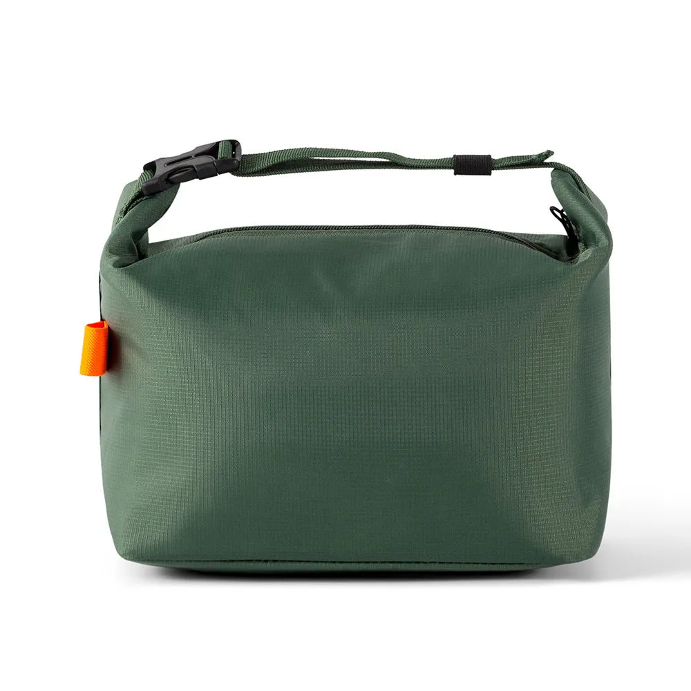 Japanese-style insulated lunch bag in Oxford cloth, shown open with a lunch box inside.