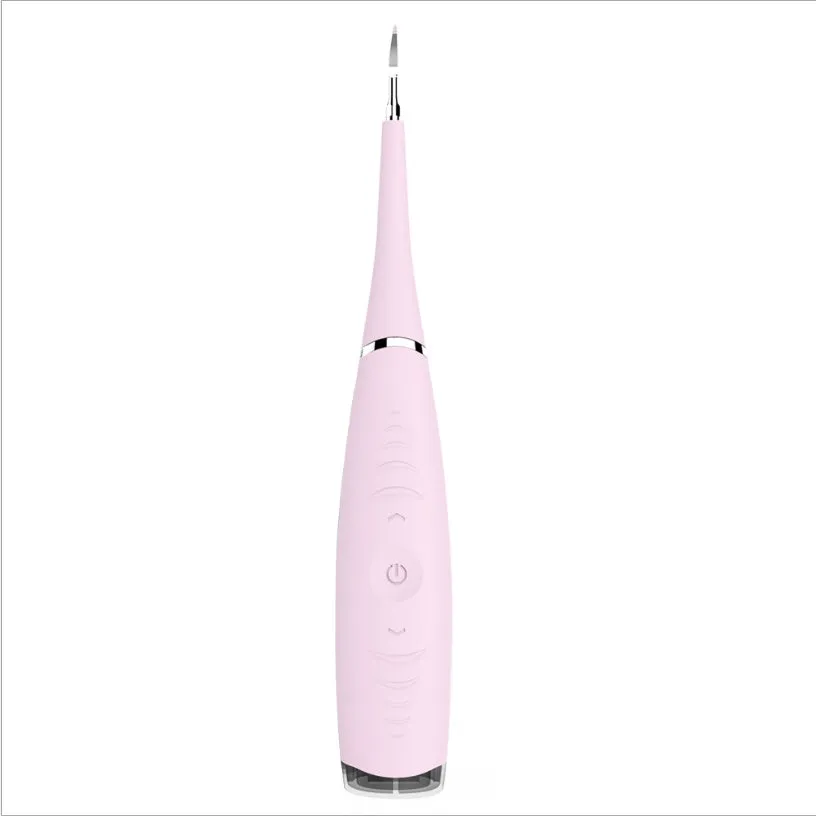 Pink or blue waterproof electric toothbrush care tool for removing dental calculus on a bathroom counter.