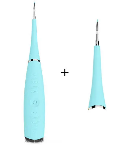 Pink or blue waterproof electric toothbrush care tool for removing dental calculus on a bathroom counter.