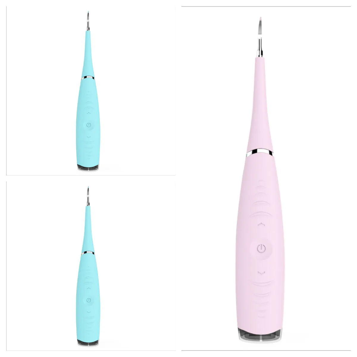 Pink or blue waterproof electric toothbrush care tool for removing dental calculus on a bathroom counter.