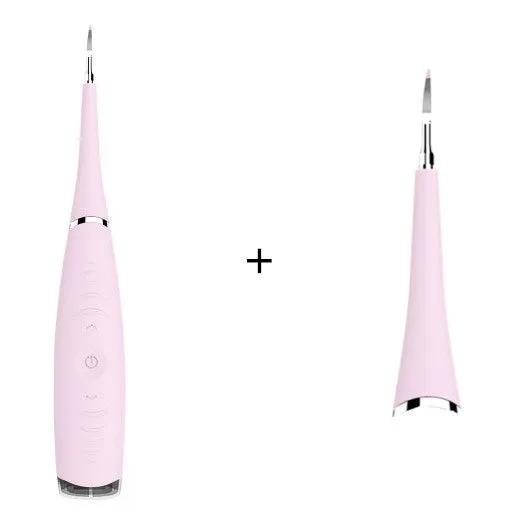 Pink or blue waterproof electric toothbrush care tool for removing dental calculus on a bathroom counter.