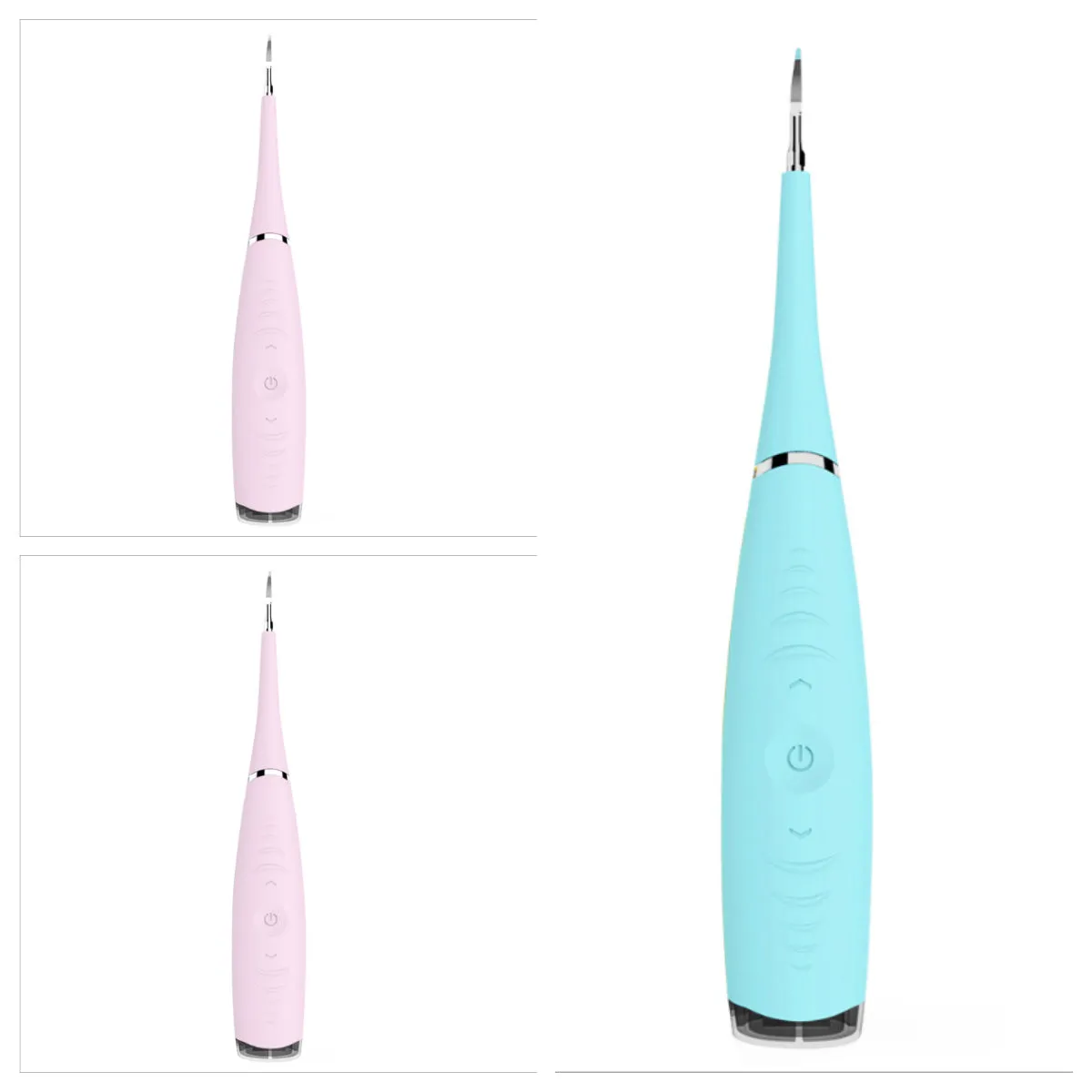 Pink or blue waterproof electric toothbrush care tool for removing dental calculus on a bathroom counter.