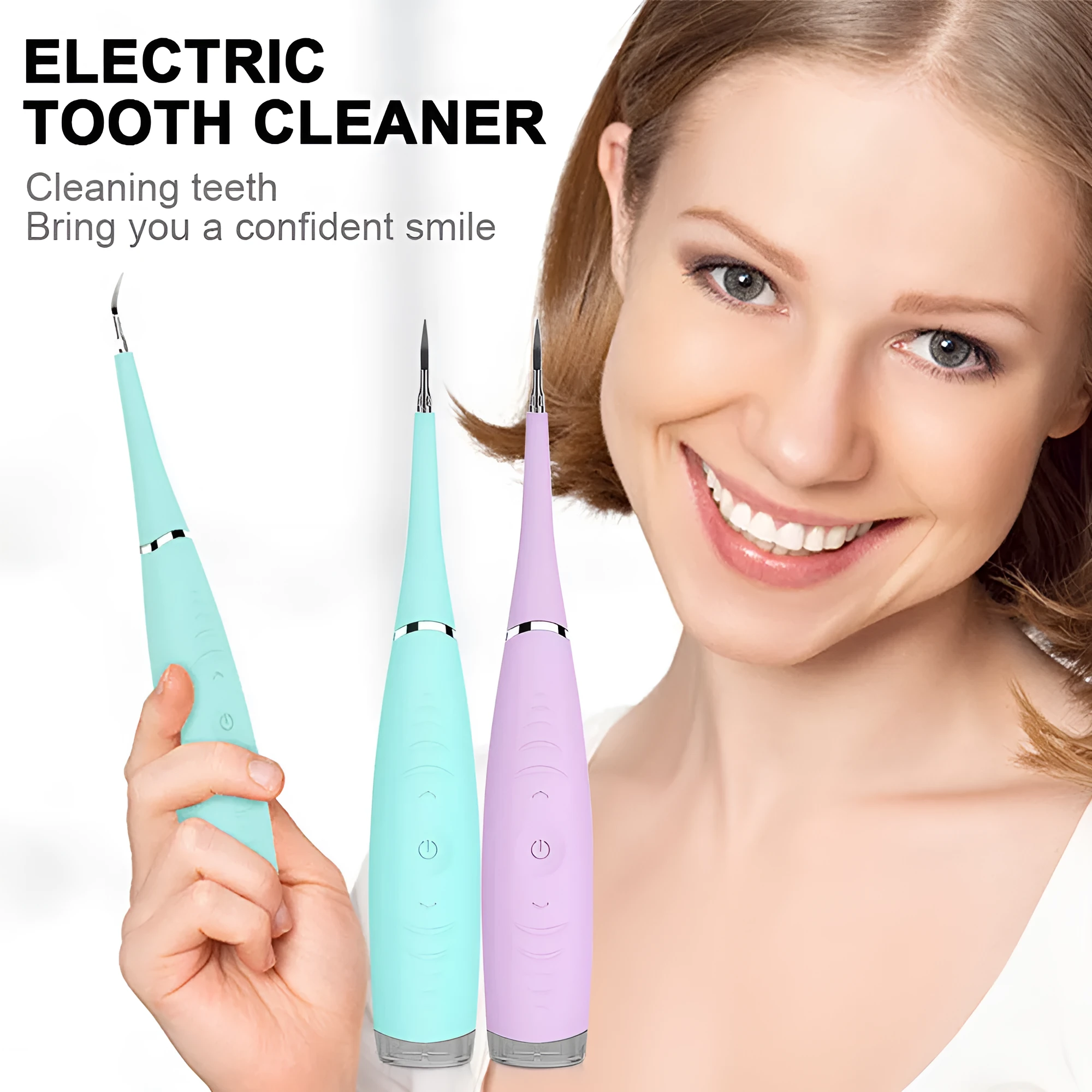 Pink or blue waterproof electric toothbrush care tool for removing dental calculus on a bathroom counter.