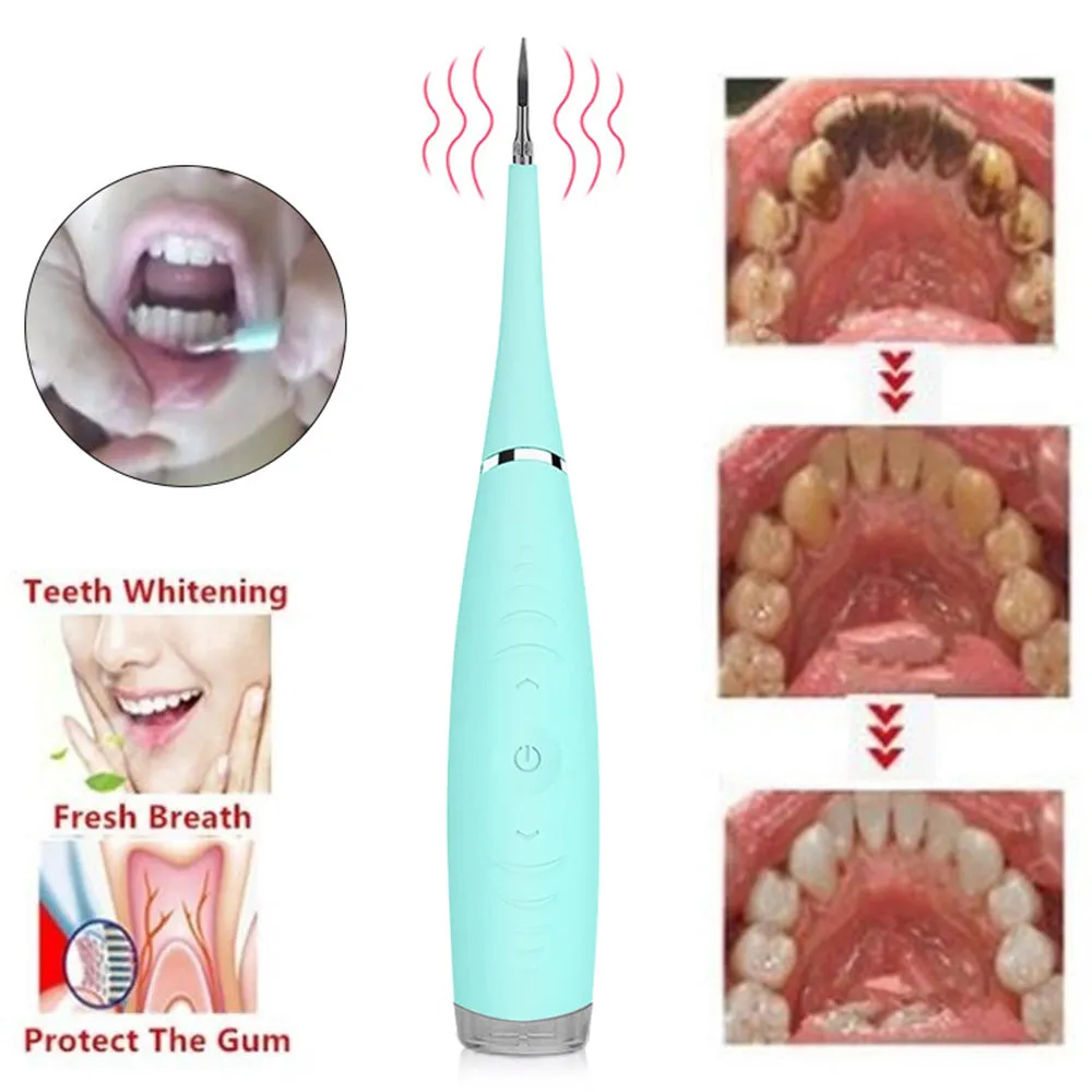 Pink or blue waterproof electric toothbrush care tool for removing dental calculus on a bathroom counter.