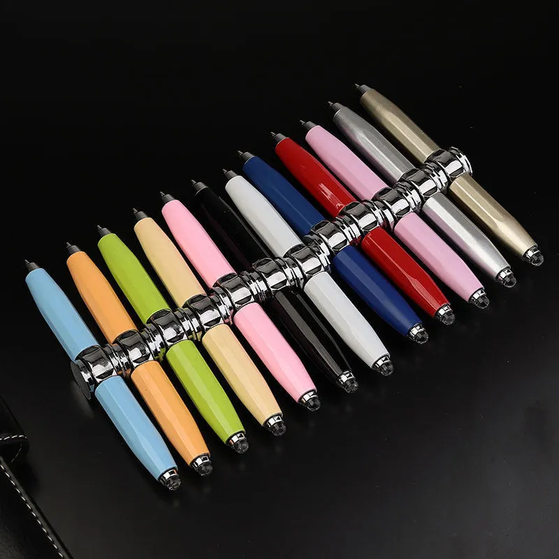 Metal LED spinning decompression gyro ballpoint pen showing 12 refill colour options