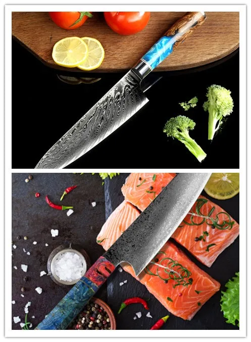 Eight-piece kitchen knife set with Damascus steel chef's knife and high-carbon steel vegetable knife on a work surface