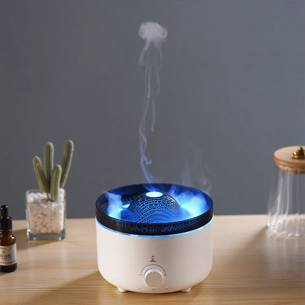 White volcano-shaped humidifier with flame effect lighting and remote control