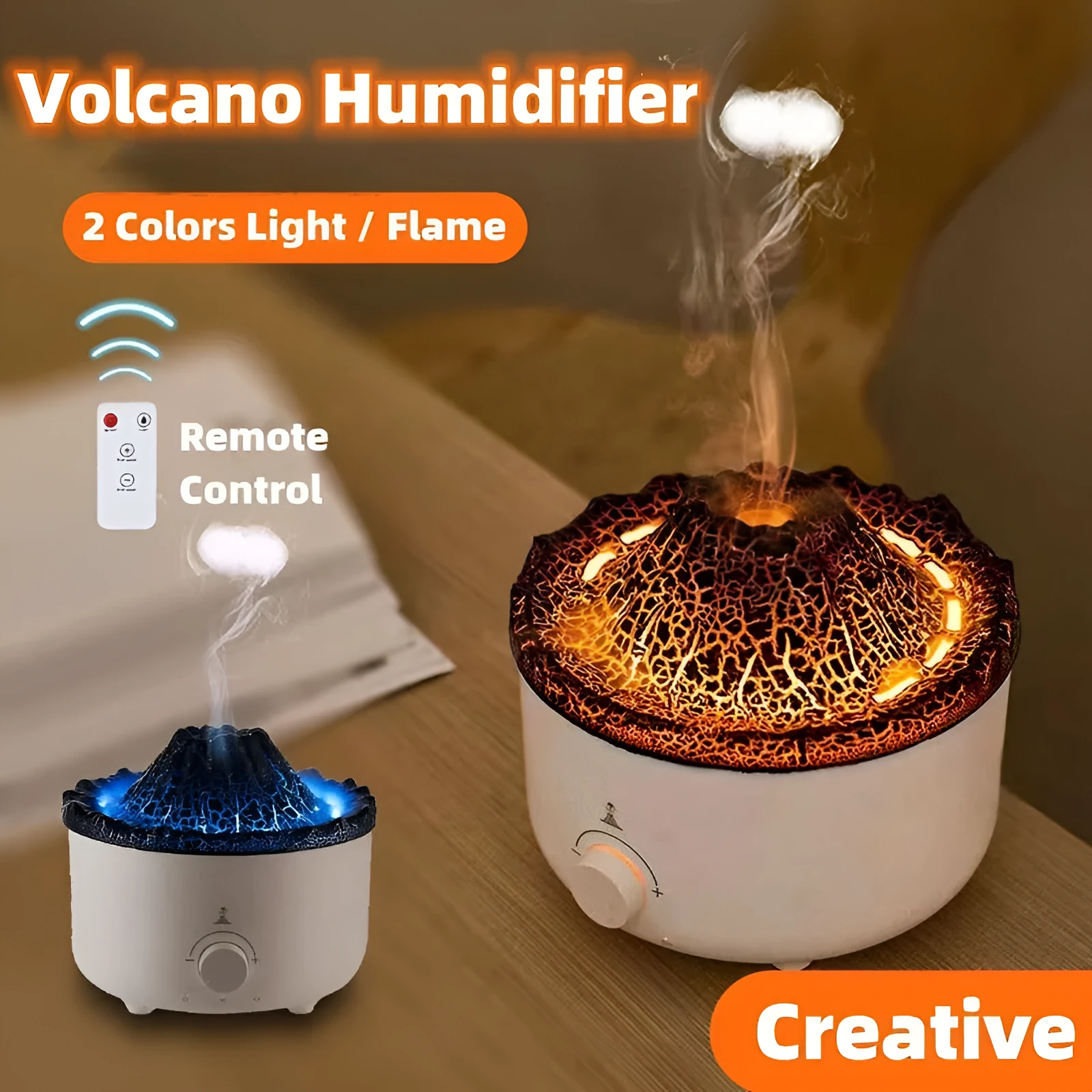 White volcano-shaped humidifier with flame effect lighting and remote control