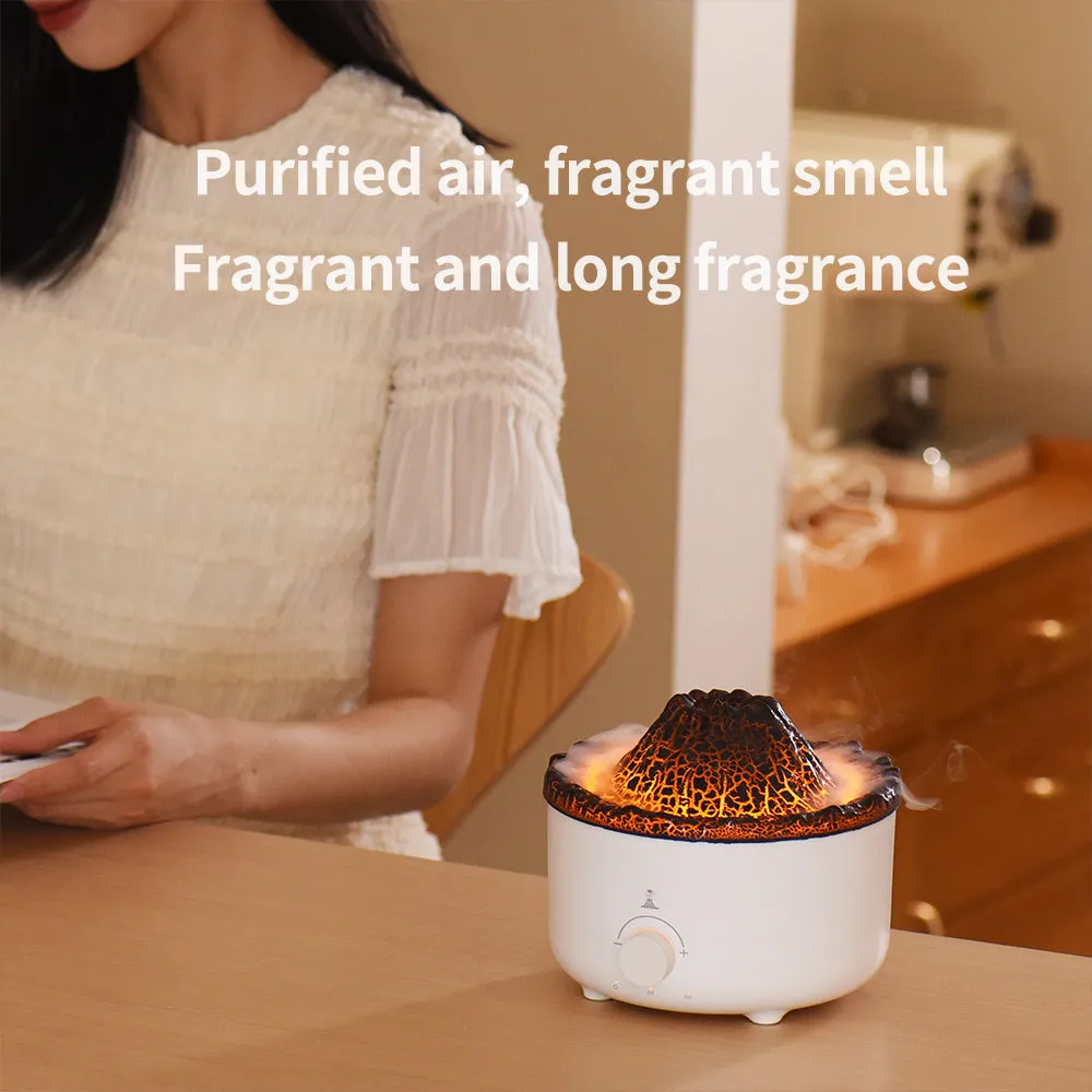 White volcano-shaped humidifier with flame effect lighting and remote control