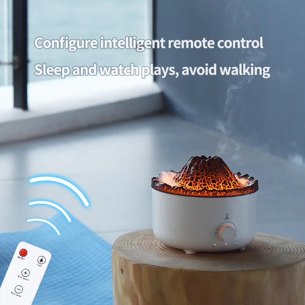 White volcano-shaped humidifier with flame effect lighting and remote control