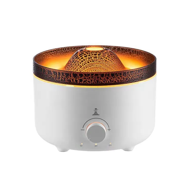 White volcano-shaped humidifier with flame effect lighting and remote control