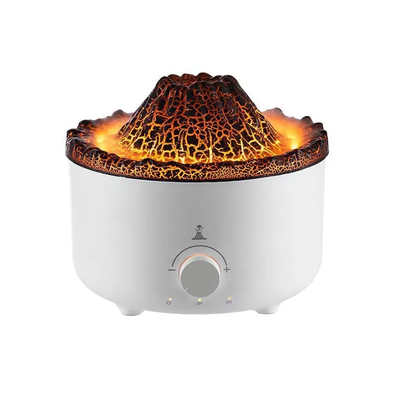 White volcano-shaped humidifier with flame effect lighting and remote control