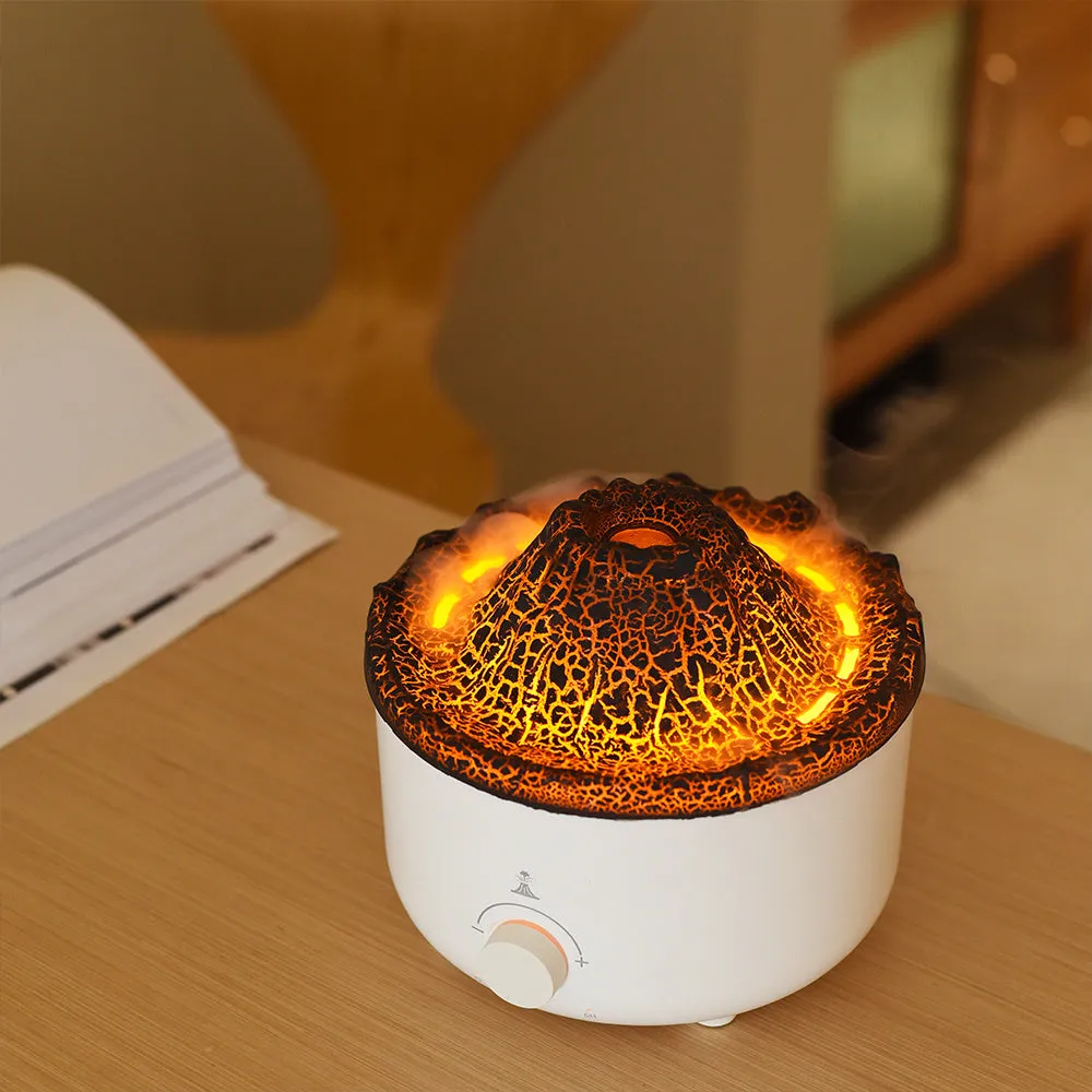 White volcano-shaped humidifier with flame effect lighting and remote control