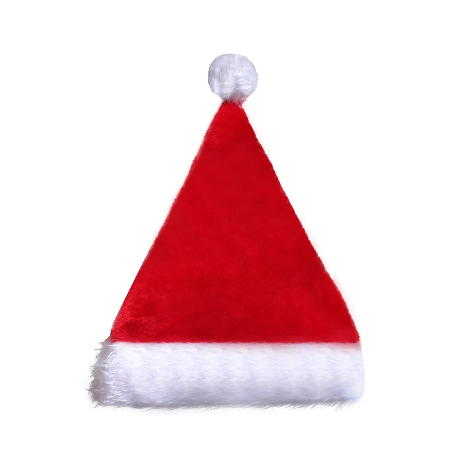 Red and white plush Santa hat with glowing LED lights and a white pom-pom, shown on a person's head.