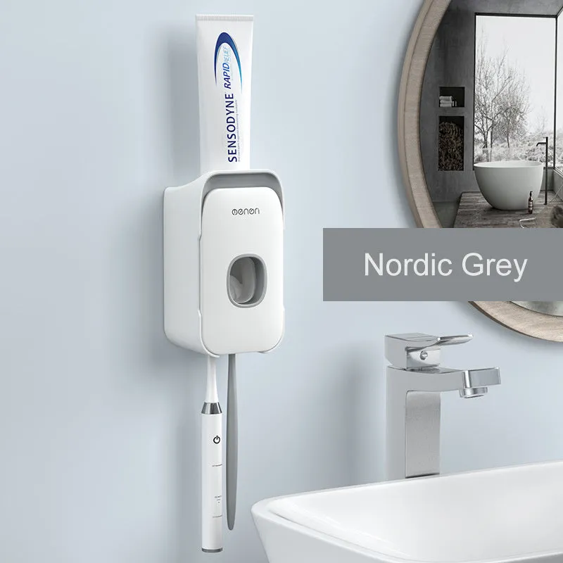 Automatic wall-mounted toothpaste dispenser in blue, grey, or pink colours