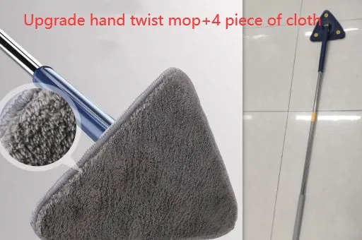 Blue extendable triangle cleaning mop with rotating head and microfiber cloth on a stainless steel pole.