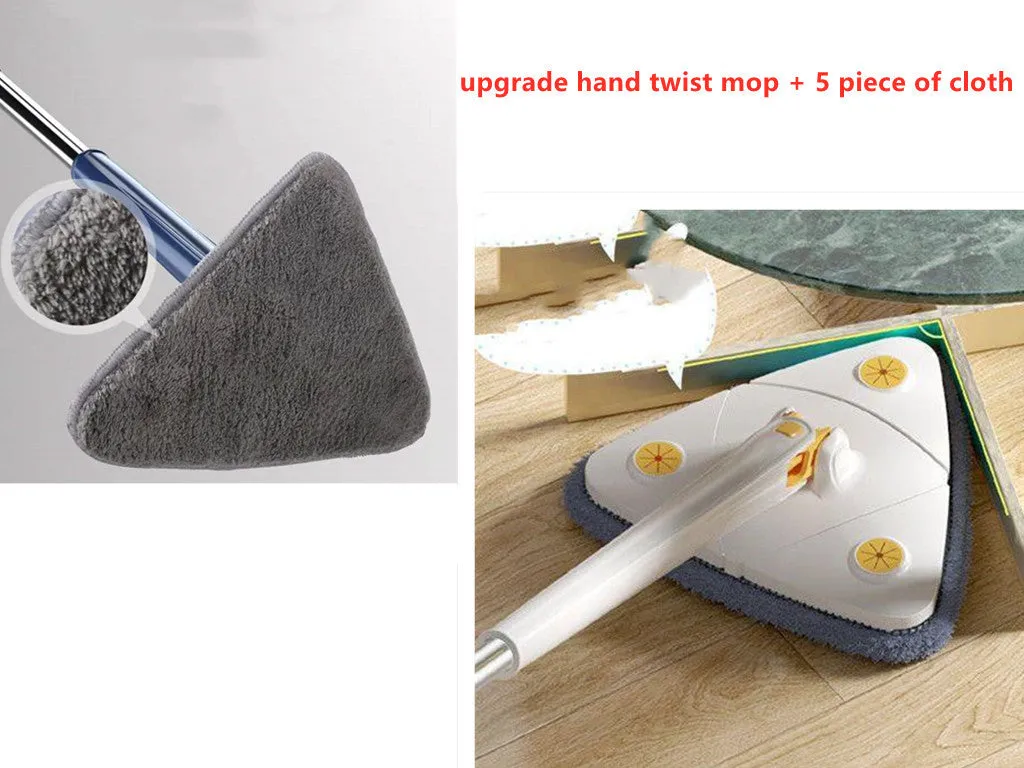 Blue extendable triangle cleaning mop with rotating head and microfiber cloth on a stainless steel pole.
