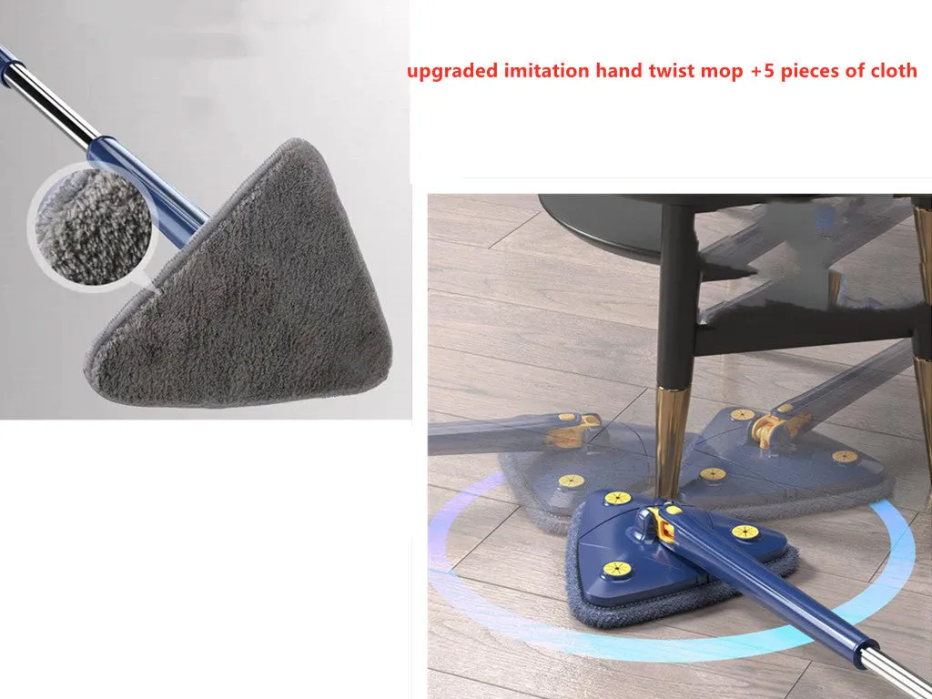 Blue extendable triangle cleaning mop with rotating head and microfiber cloth on a stainless steel pole.