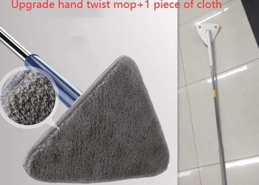Blue extendable triangle cleaning mop with rotating head and microfiber cloth on a stainless steel pole.