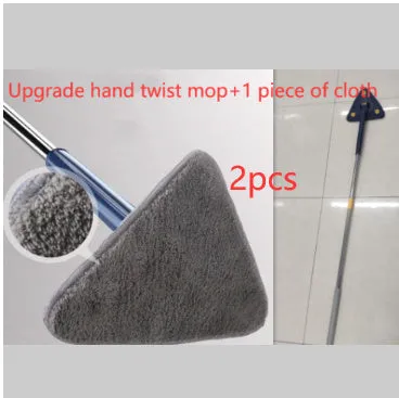 Blue extendable triangle cleaning mop with rotating head and microfiber cloth on a stainless steel pole.