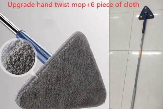 Blue extendable triangle cleaning mop with rotating head and microfiber cloth on a stainless steel pole.