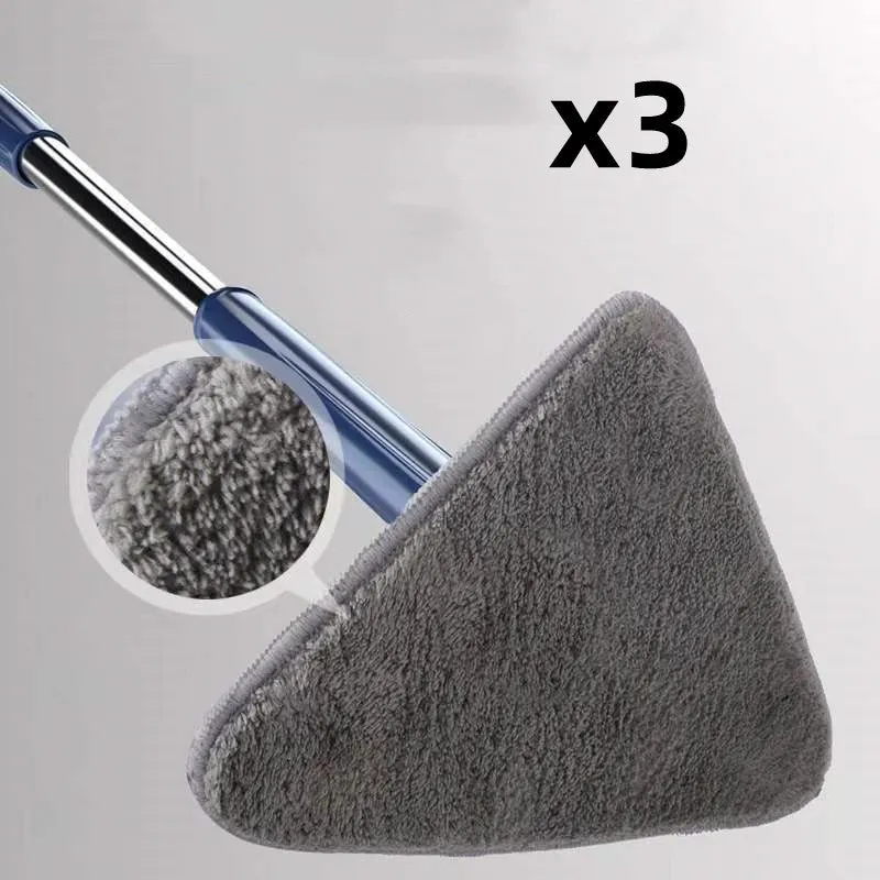 Blue extendable triangle cleaning mop with rotating head and microfiber cloth on a stainless steel pole.