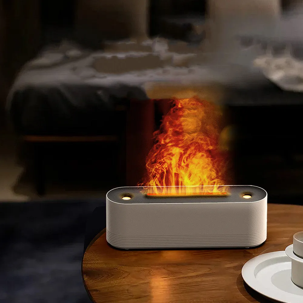 Black or white flame air humidifier with aroma diffuser and 7 colour LED lighting on table