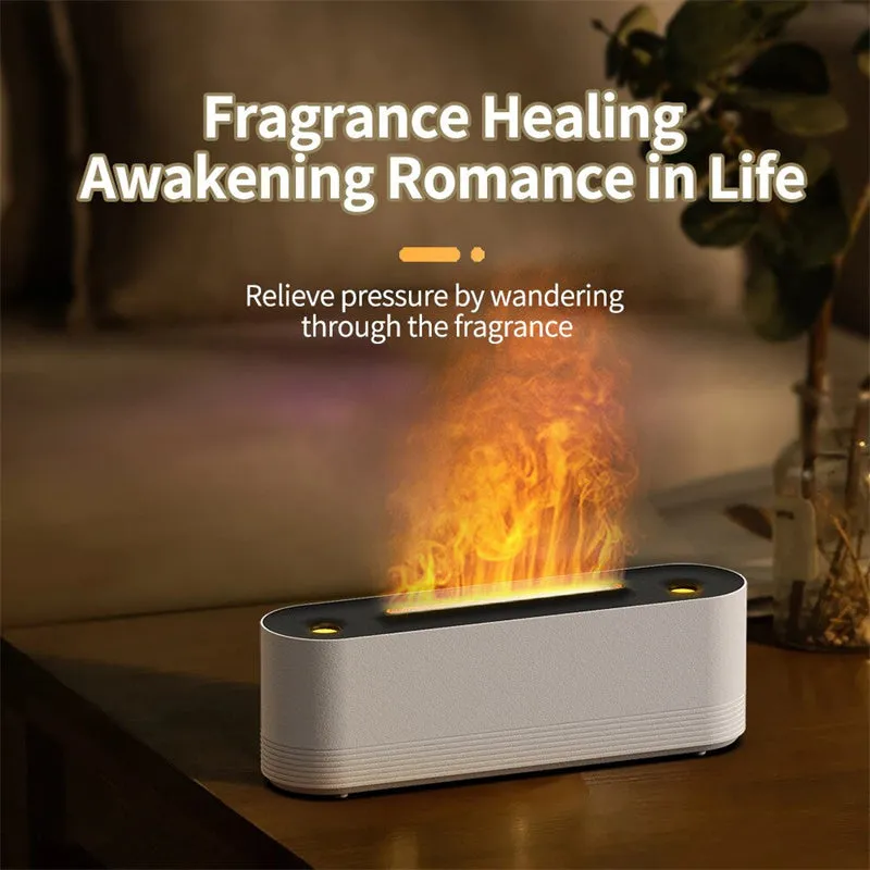Black or white flame air humidifier with aroma diffuser and 7 colour LED lighting on table