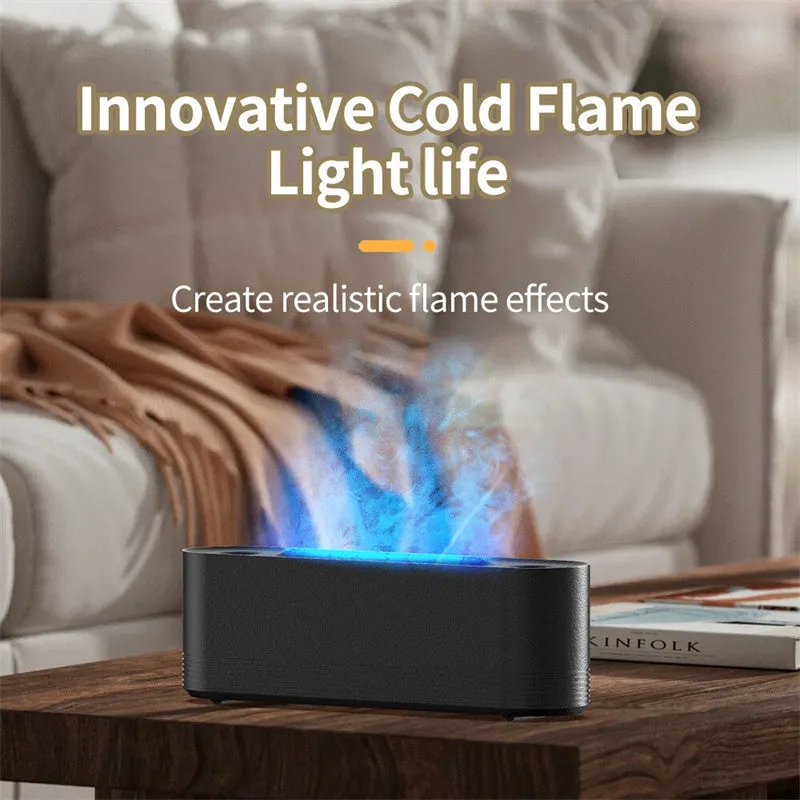 Black or white flame air humidifier with aroma diffuser and 7 colour LED lighting on table