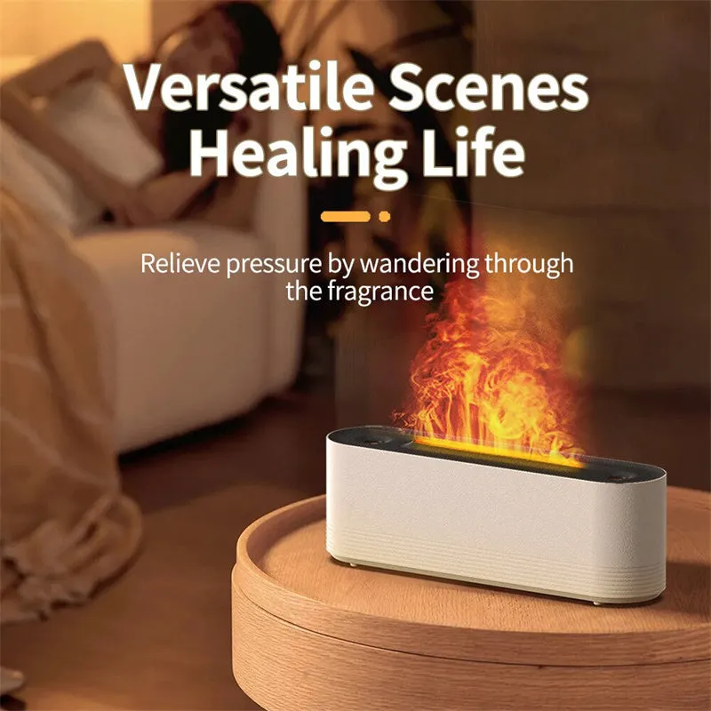 Black or white flame air humidifier with aroma diffuser and 7 colour LED lighting on table
