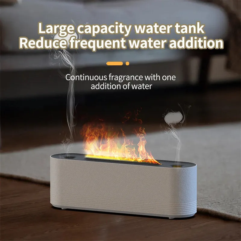 Black or white flame air humidifier with aroma diffuser and 7 colour LED lighting on table