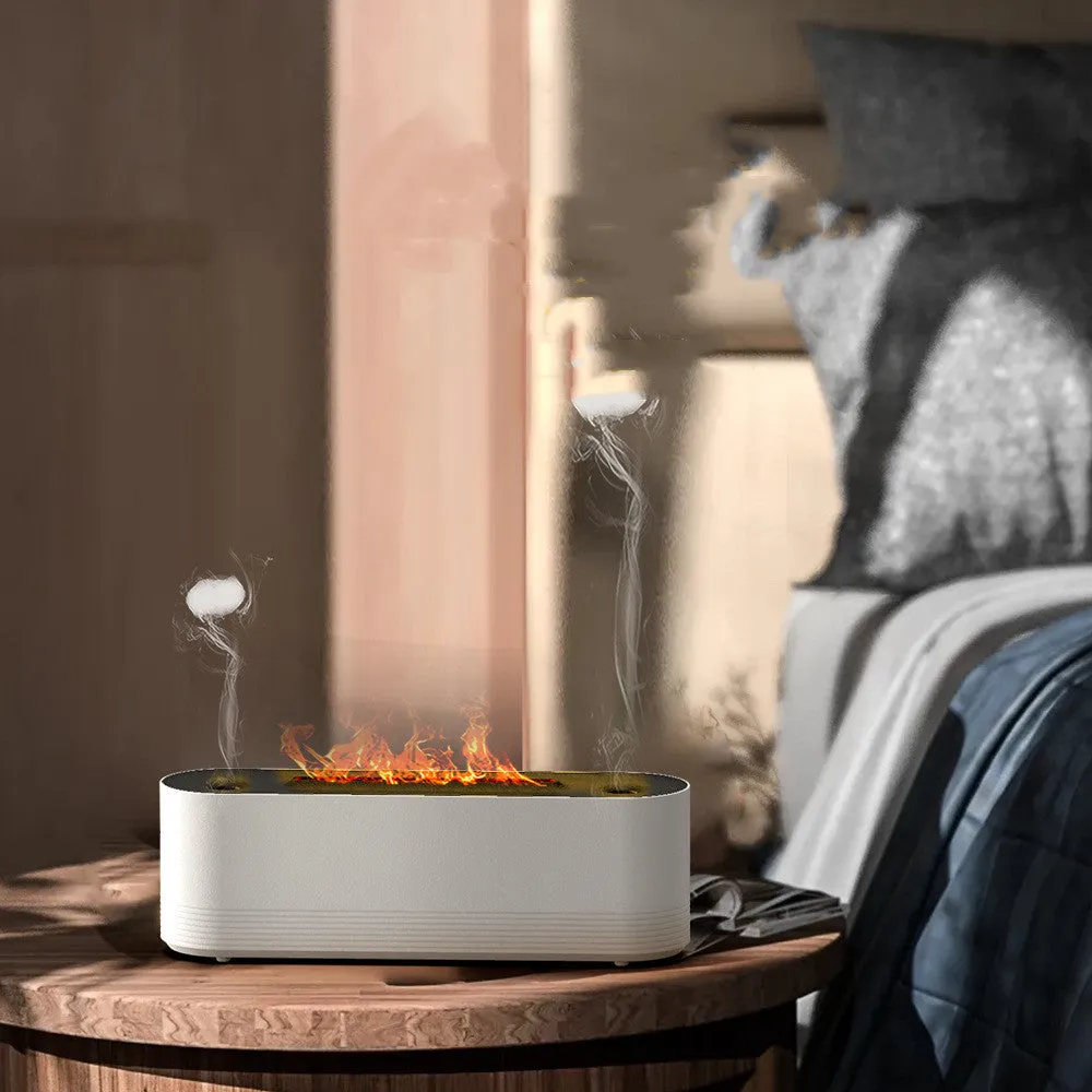 Black or white flame air humidifier with aroma diffuser and 7 colour LED lighting on table
