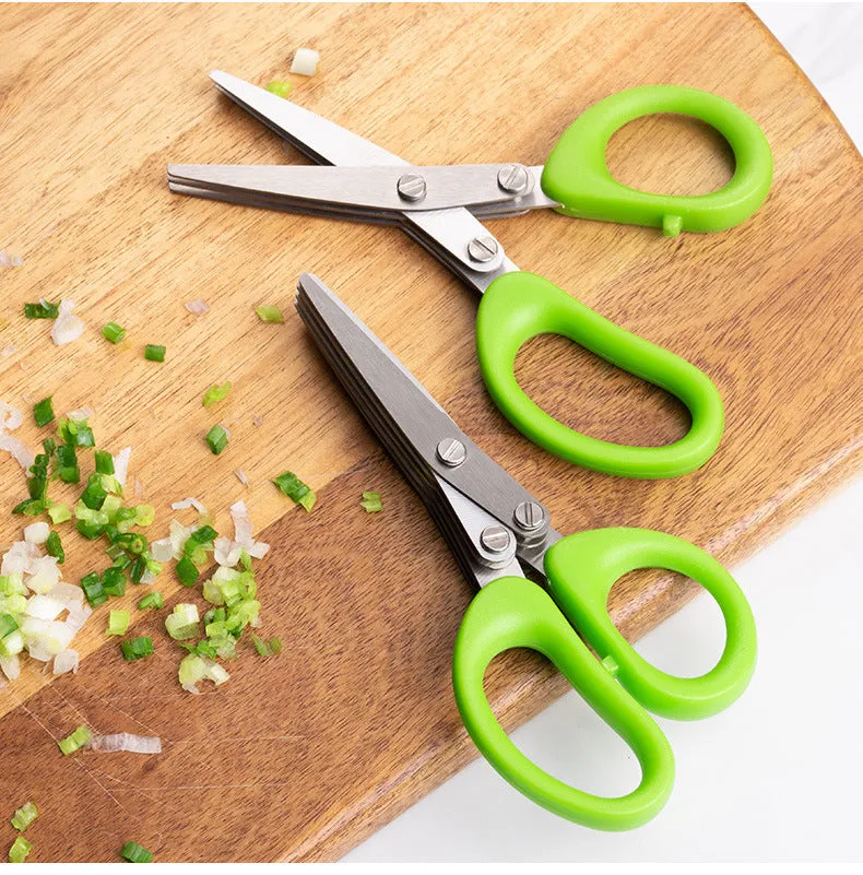 Green stainless steel multi-layer kitchen scissors for cutting onions, herbs and nori